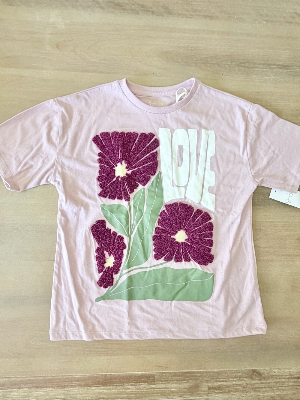 Jessica Simpson Girls' Embellished Graphic Tee ‘LOVE’ Text 3D Fuzzy Flower, Pink